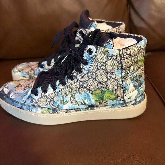GUCCI LIMITED MEN'S BLOOM FLOWER BLUE SUPREME HIGH TOP GG CANVAS SNEAKER - Picture 3 of 16